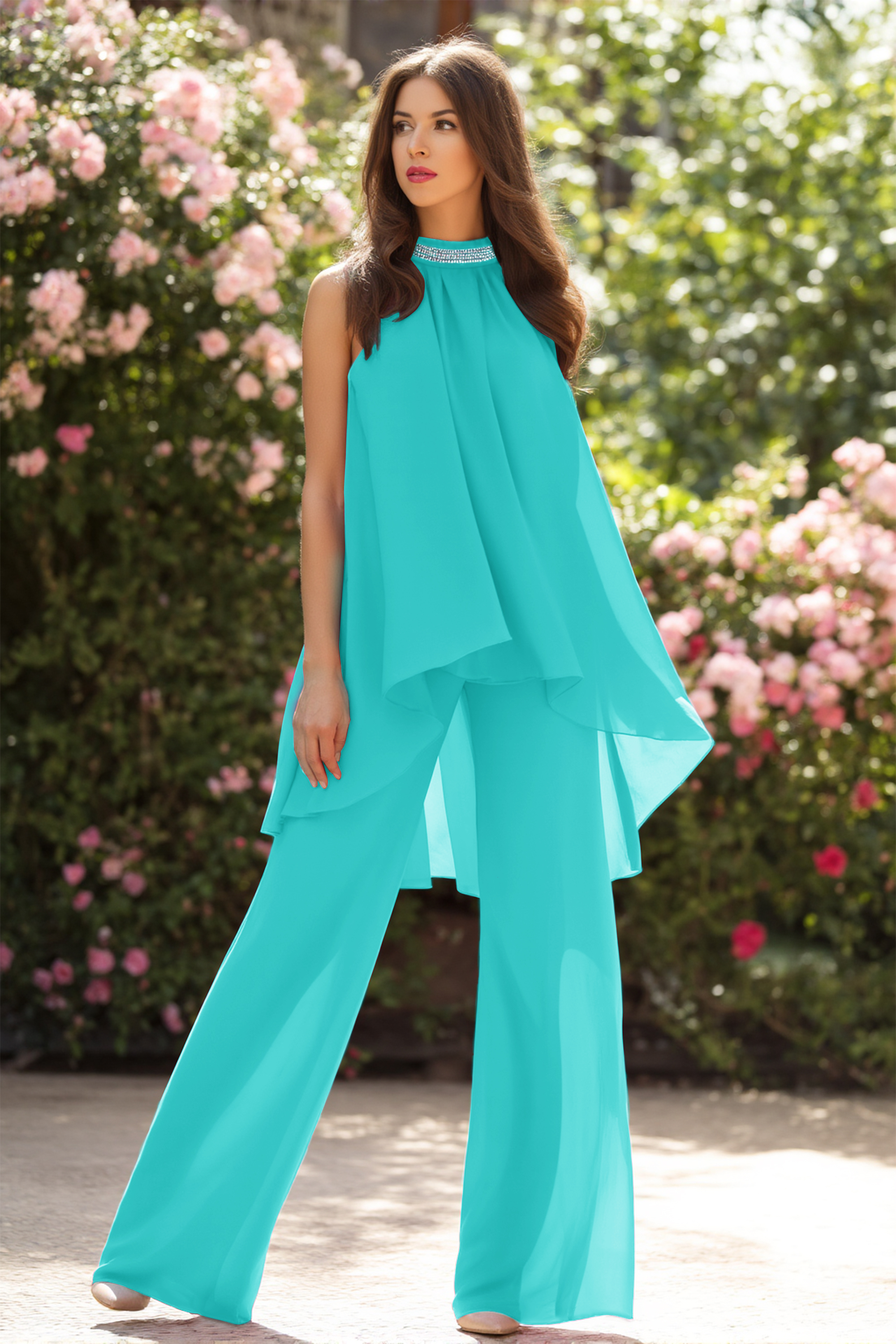 Casual Blouse Set Fuchsia Halter Neck Two-Piece Wide-Leg