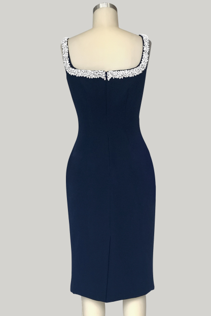 Cocktail Dress V Neck Navy Hand-Beaded Midi with Sparkling Rhinestones