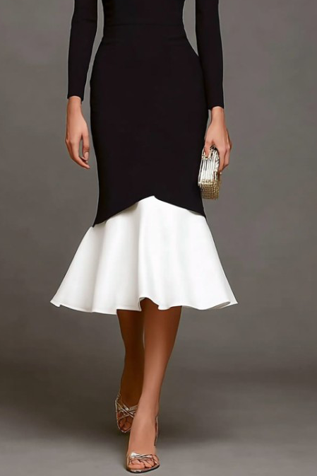 Cocktail Mermaid Dress Black White V Neck Midi Dress