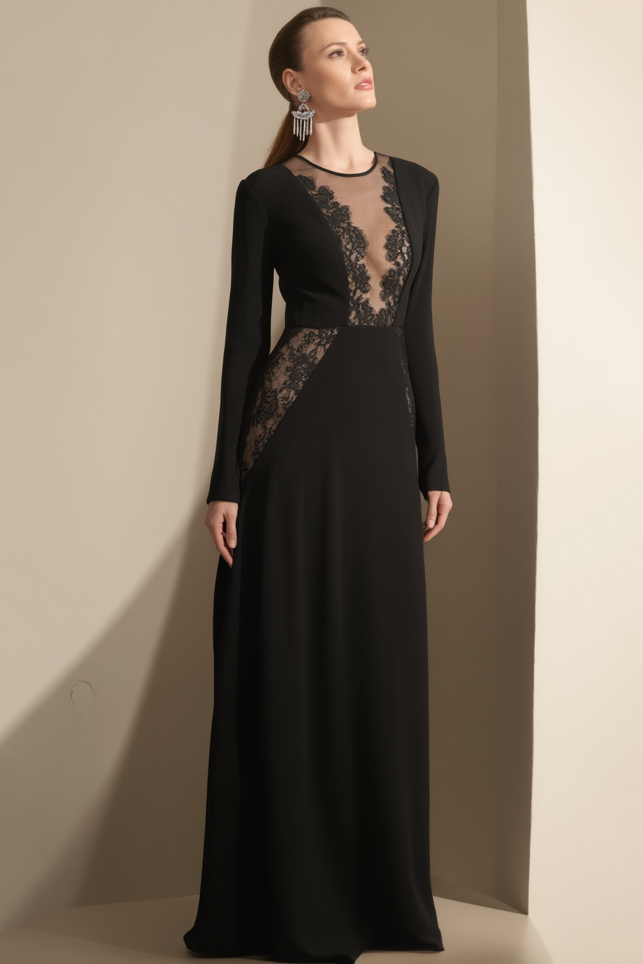 Evening Dress Black Crew Neck Lace Maxi Dress
