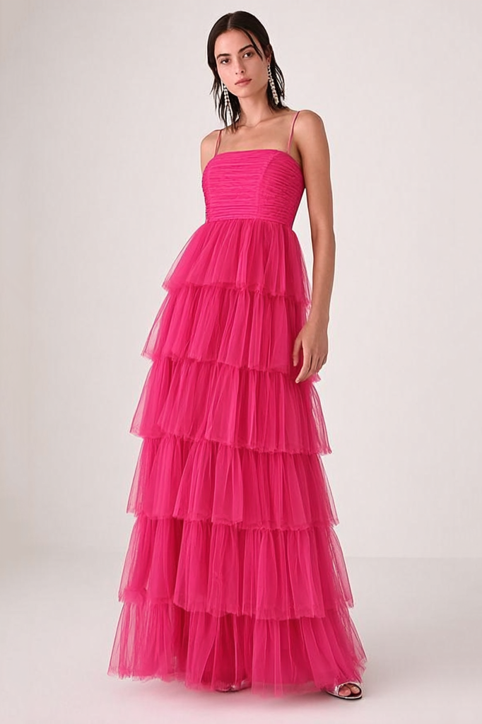 Formal Dress Rose Spaghetti Strap Tiered Maxi Dress