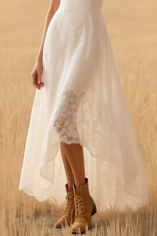 Boho Lace Dress White Crew Neck Maxi Dress