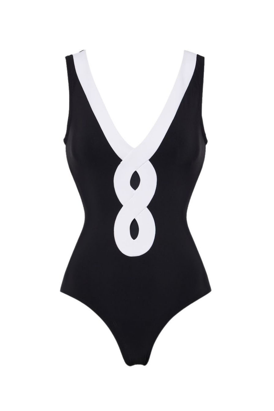 Black and White Simple Hollow One-Piece Swimsuit and Cover-Up