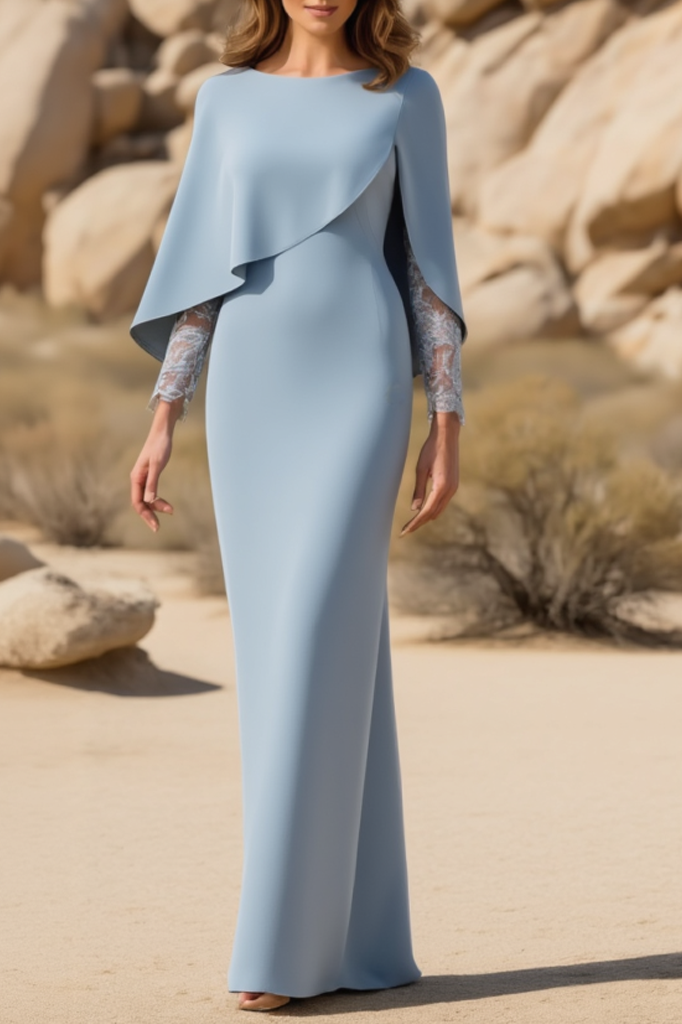 Formal Evening Dress Blue Crew Neck Lace Maxi Dress