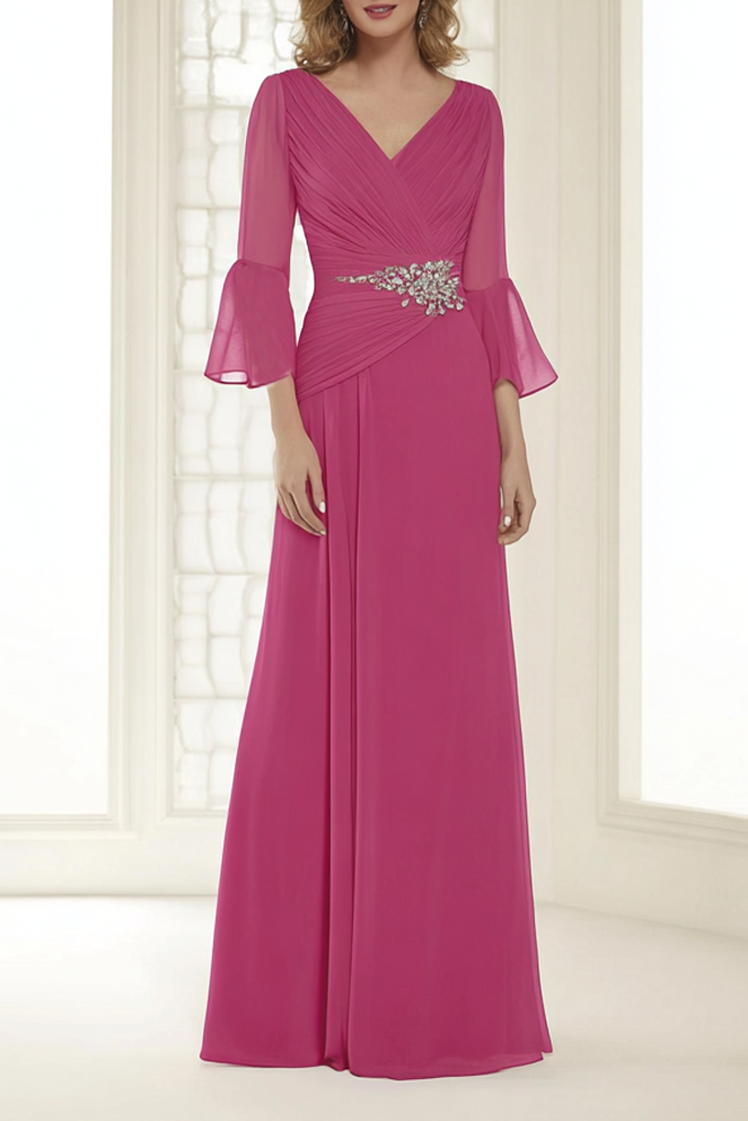 Evening Dress Rose V Neck 3/4 Length Sleeve Maxi Dress