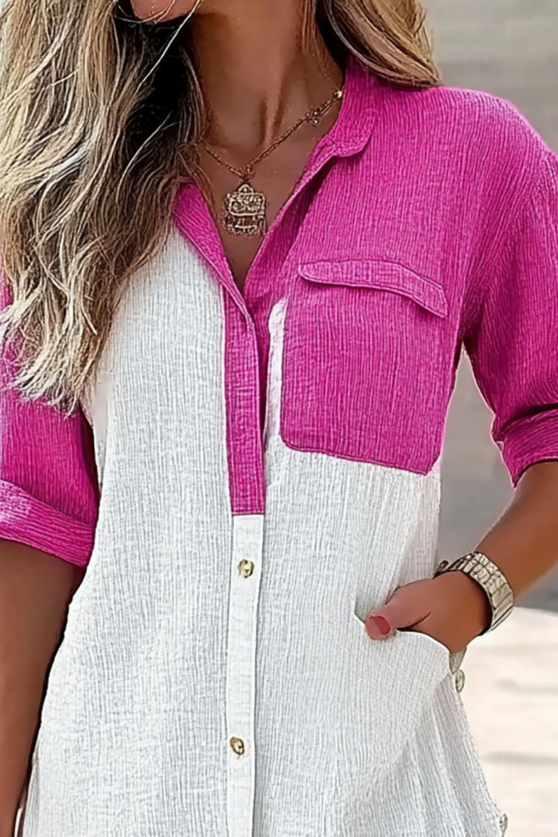 Daily Casual Top Pink White Colorblock Lapel Button-Up Shirt