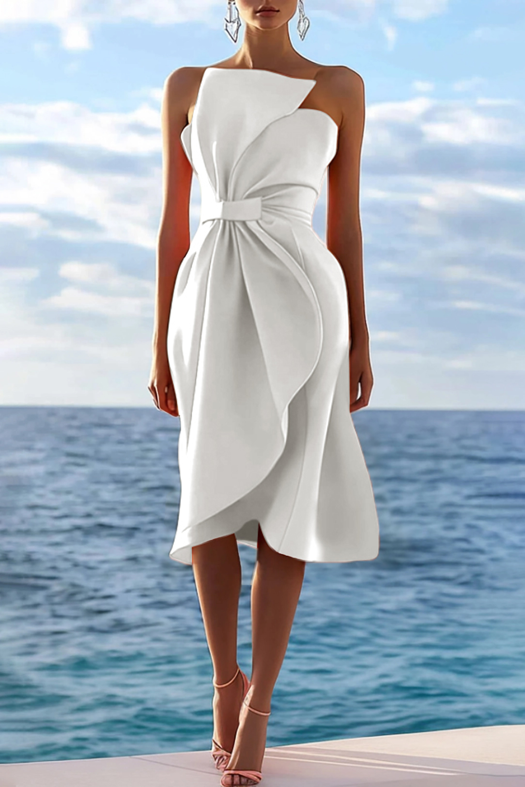 Cocktail Party Strapless Dress Orange Bow Pleated Knee-Length Dress