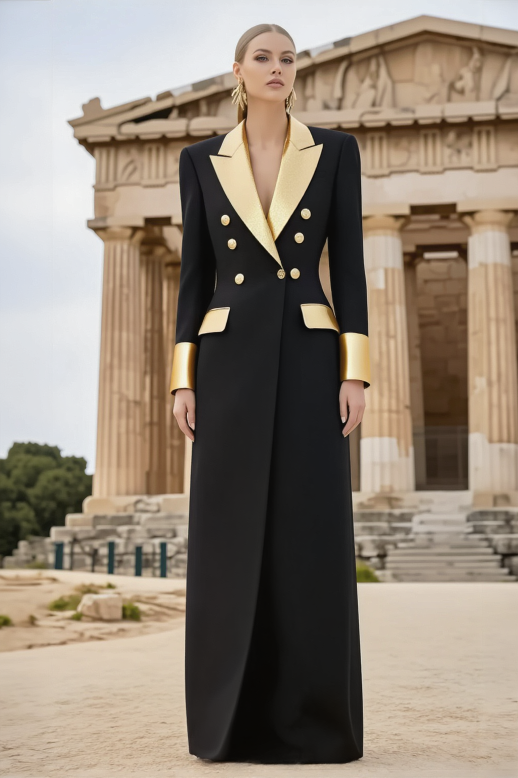 Formal ​Blazer Dress Black Lapel Long Sleeve Maxi Dress