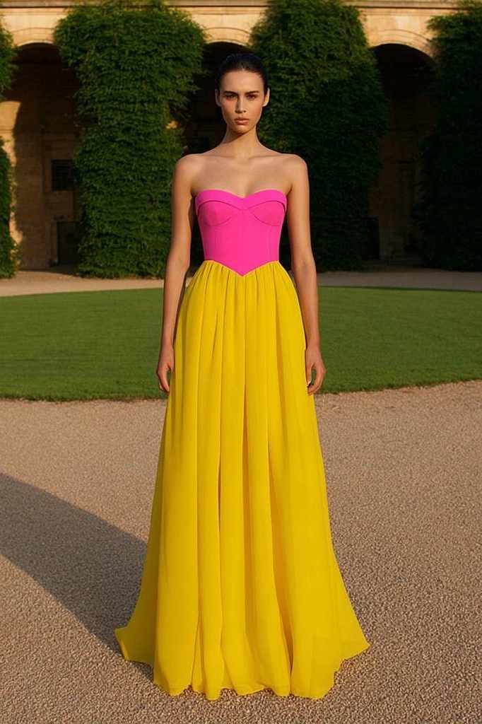 Formal ​Evening Dress Neon Pink Strapless Colorblock Maxi Dress