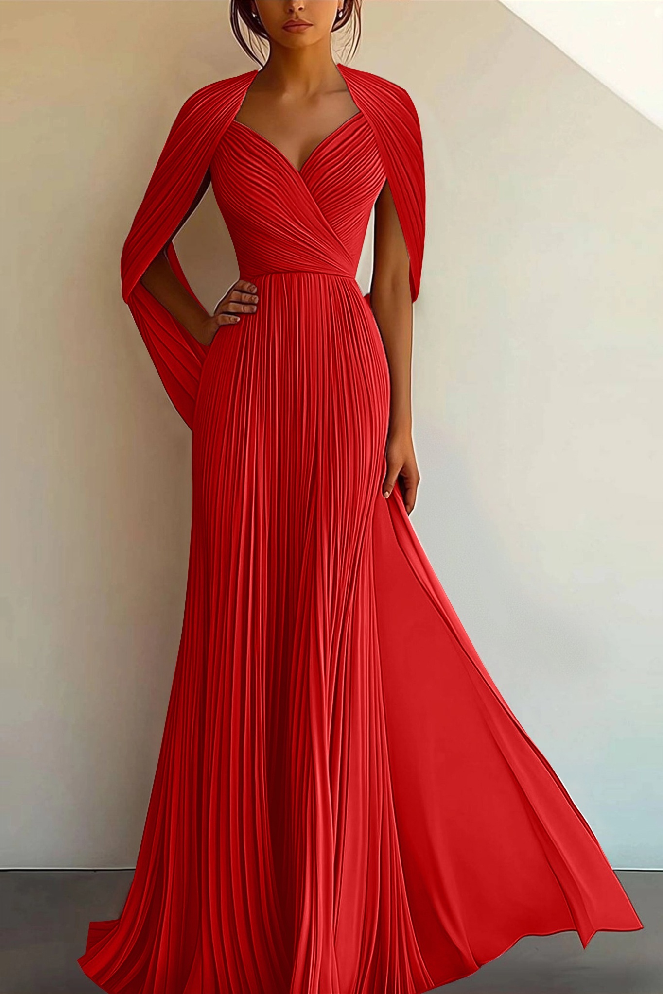 Party Prom Dress Pleated Cross V-neck Cape Sleeve Maxi Gown