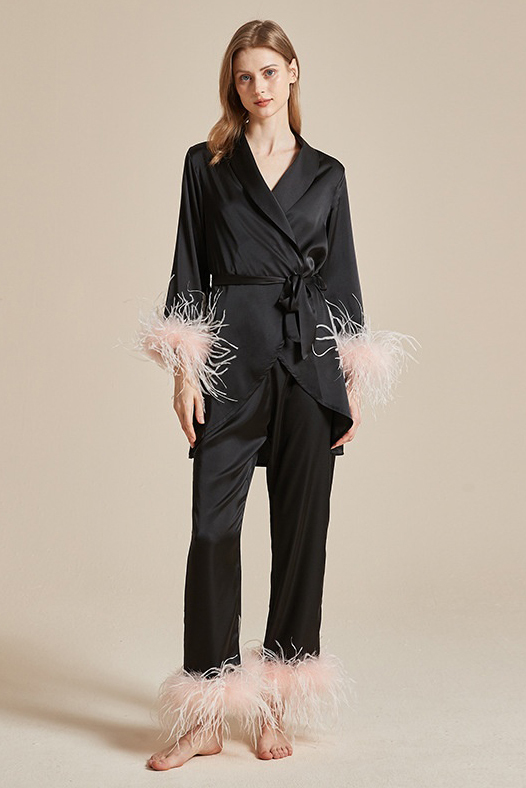 Bridal Bridesmaid Pajama Set Pink V Neck Feather Outfit 3 Piece
