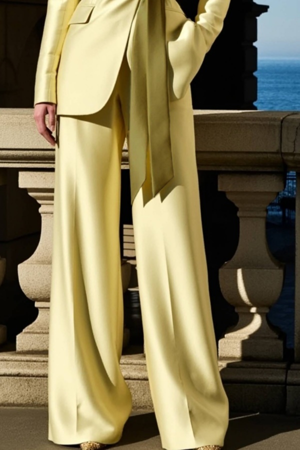 Party Satin Blazer Suit Sets Green Lapel Long Sleeve Straight Pants Set