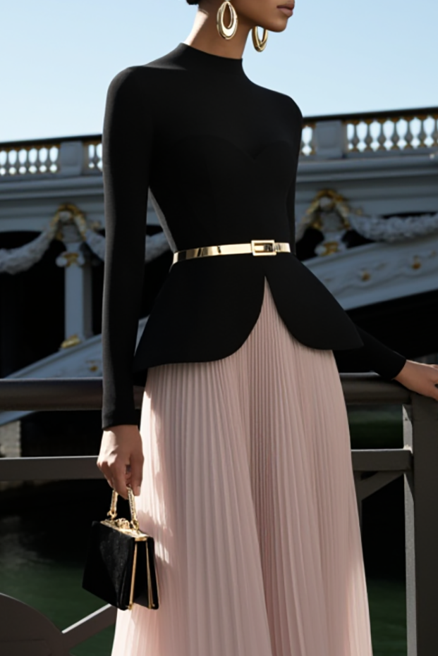 Formal Evening Outfit Set Black Long Sleeve Top & Pink Pleated Skirt