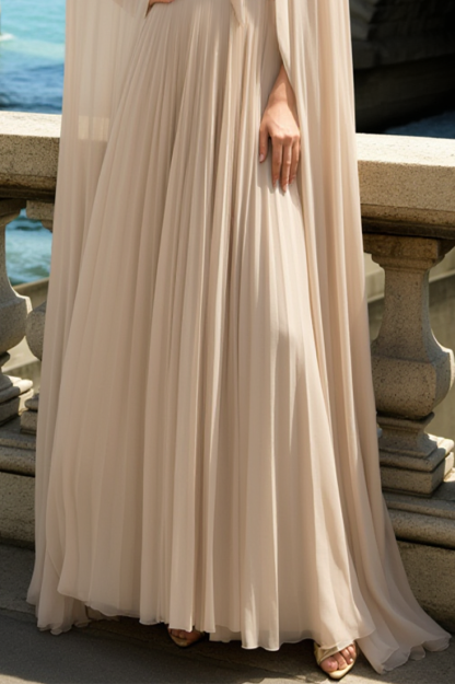 Evening Formal Dress Beige Chiffon Sleeveless Maxi Dress with Cape