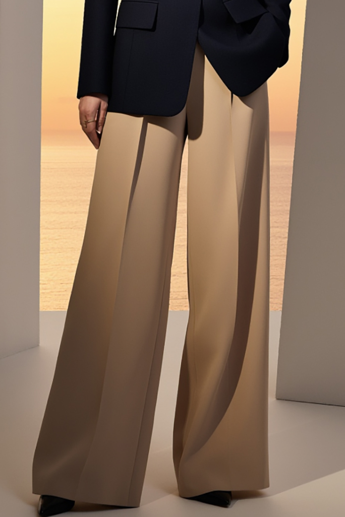 Black Work Blazer Suit Set with Brown Wide Leg Pants and Belt