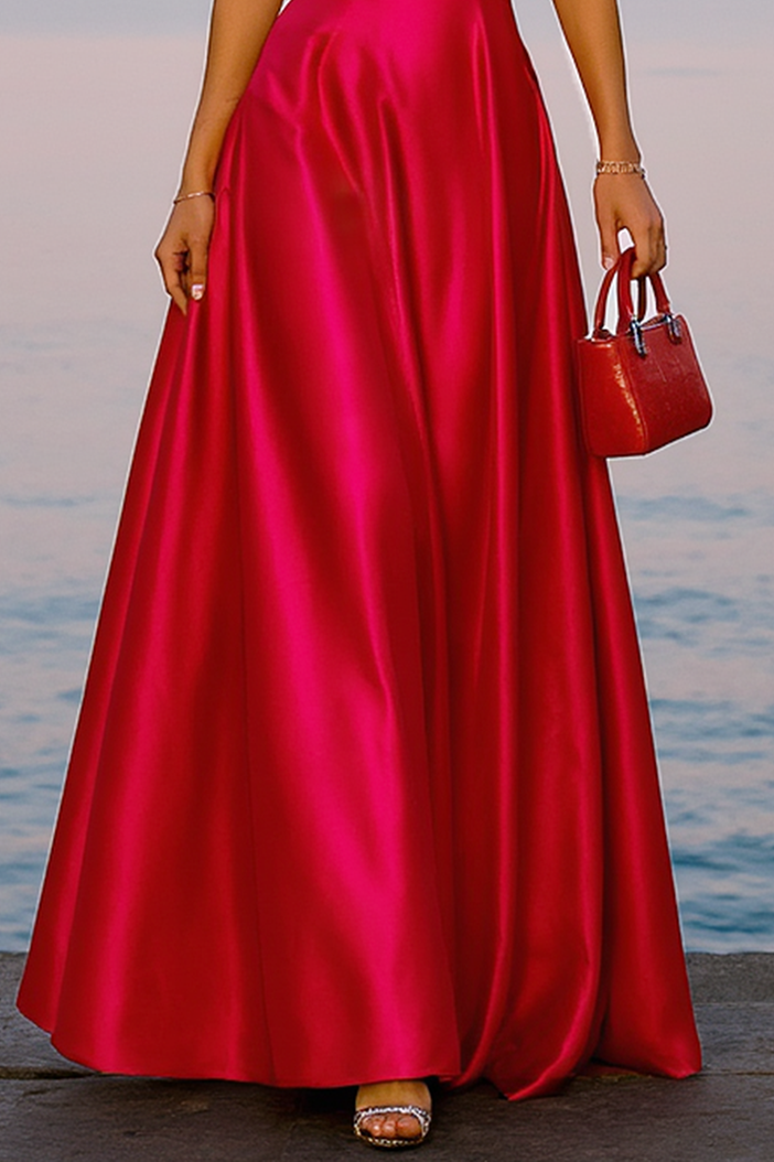 Formal Evening Dress Red Square Neck Wide Strap A-Line Maxi Dress