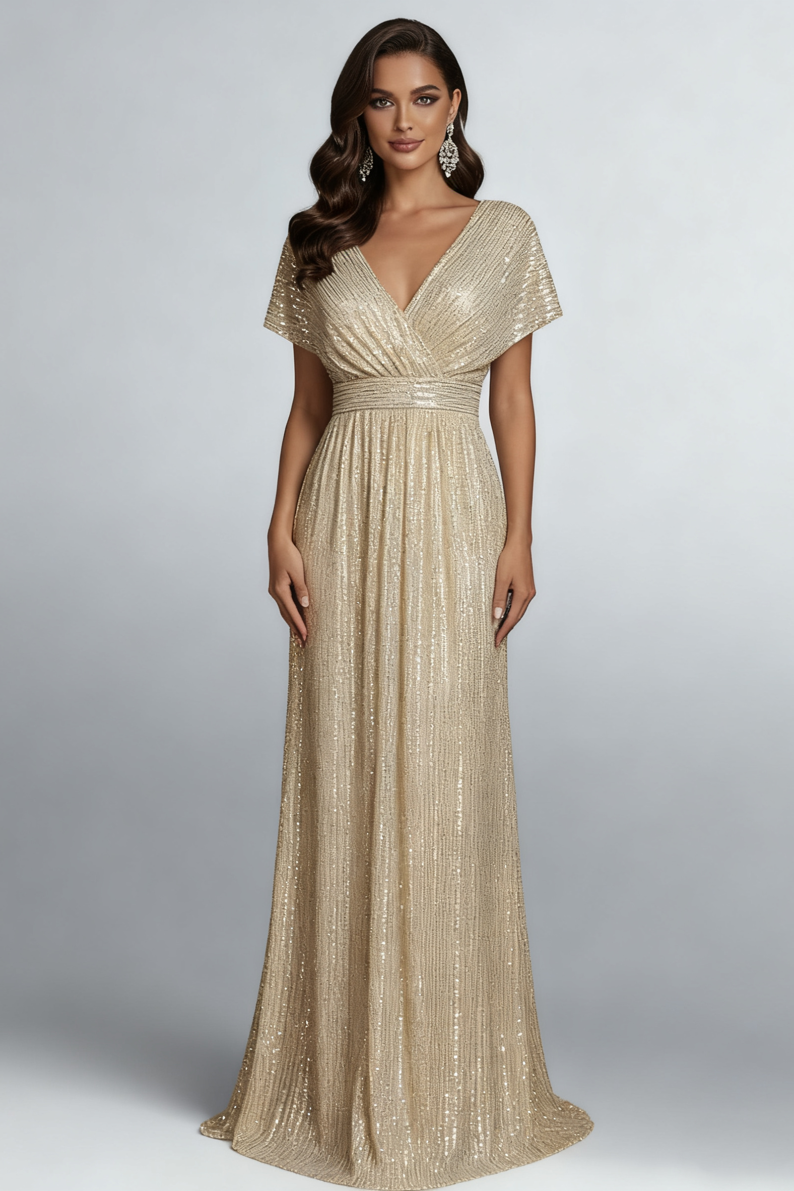 Evening Formal Gown Champagne Sequin Cross Neck Maxi Dress