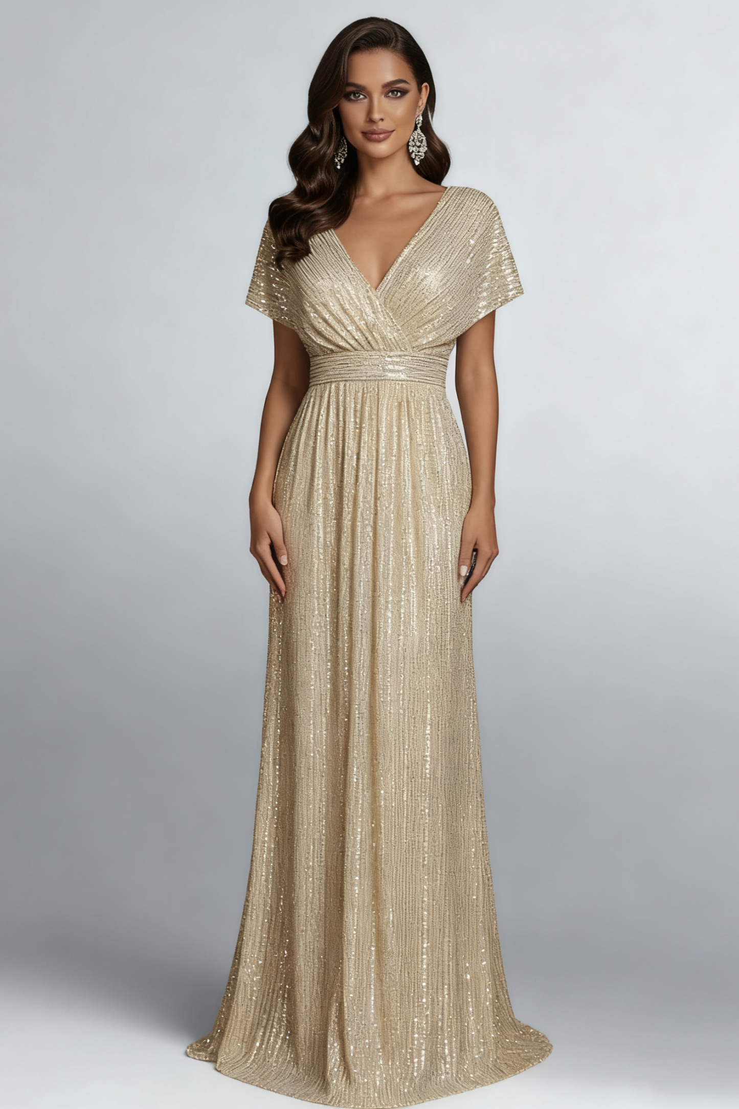 Evening Formal Gown Champagne Sequin Cross Neck Maxi Dress