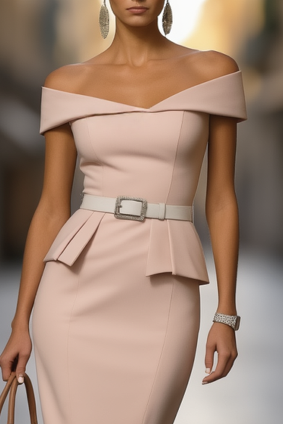 Work Dress Off the Shoulder Light Pink Belted Knee-Length Dress