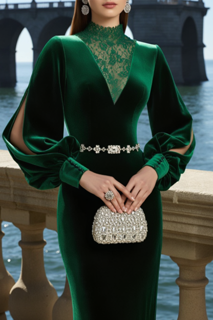 Formal Evening Dress Velvet Dark Green Puff Sleeve Stand Neck Lace Maxi Dress