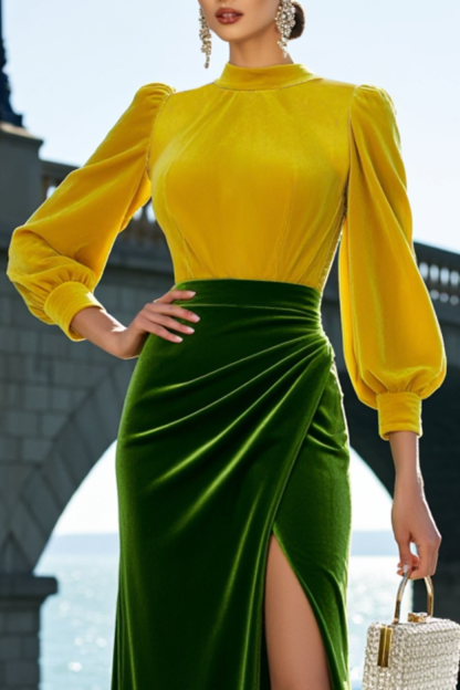 Formal Evening Velvet Dress Yellow Green 3/4 Sleeve Slit Maxi Dress