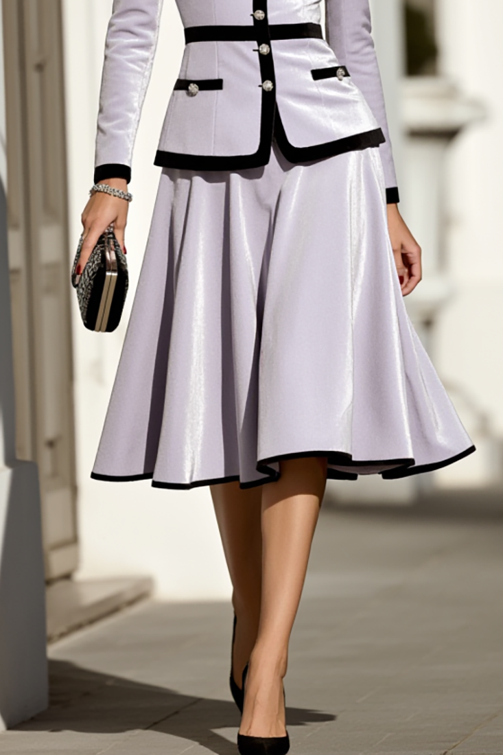 Work Skirt Suit Set Lilac Long Sleeve V Neck Midi Skirt