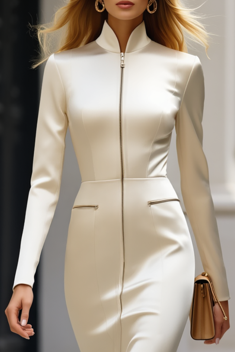 Work Semiformal Dress White Stand Collar Long Sleeve Zipper Midi Dress