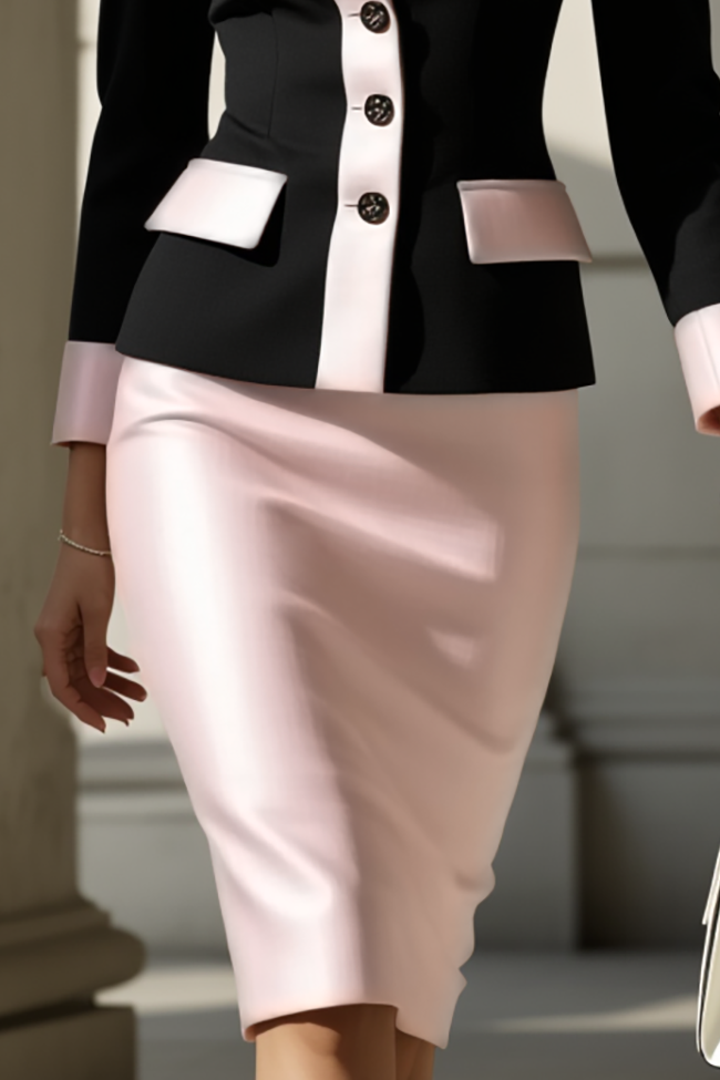 Work Skirt Set Black Long Sleeve Blazer Pink Skirt Set