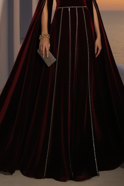 Formal Burgundy Velvet Dress Off The Shoulder Long Sleeve Maxi Gown