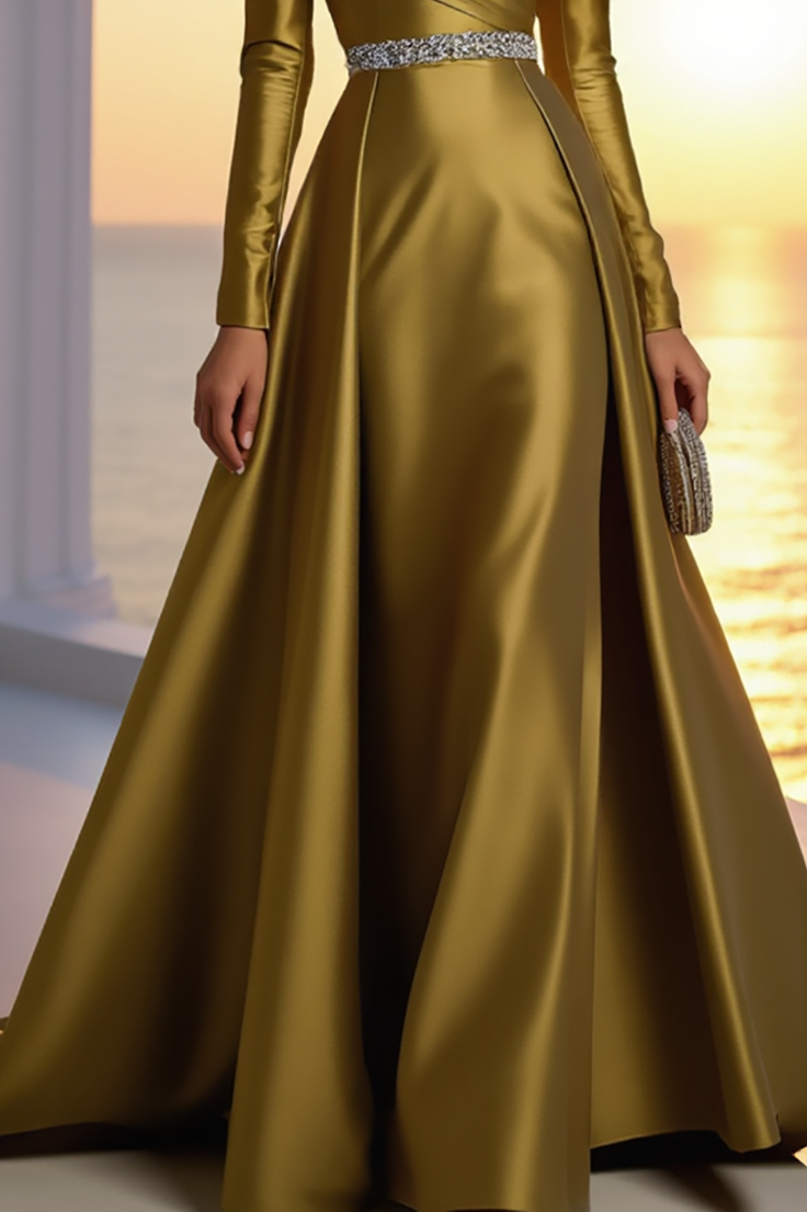 Formal Golden Satin Dress Off The Shoulder Long Sleeve Maxi Gown