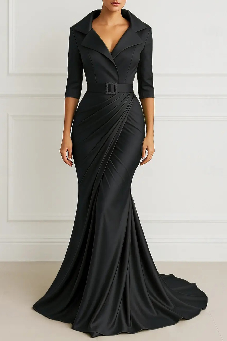 Formal Evening Dress Black Collared Belted Wrap Maxi Gown