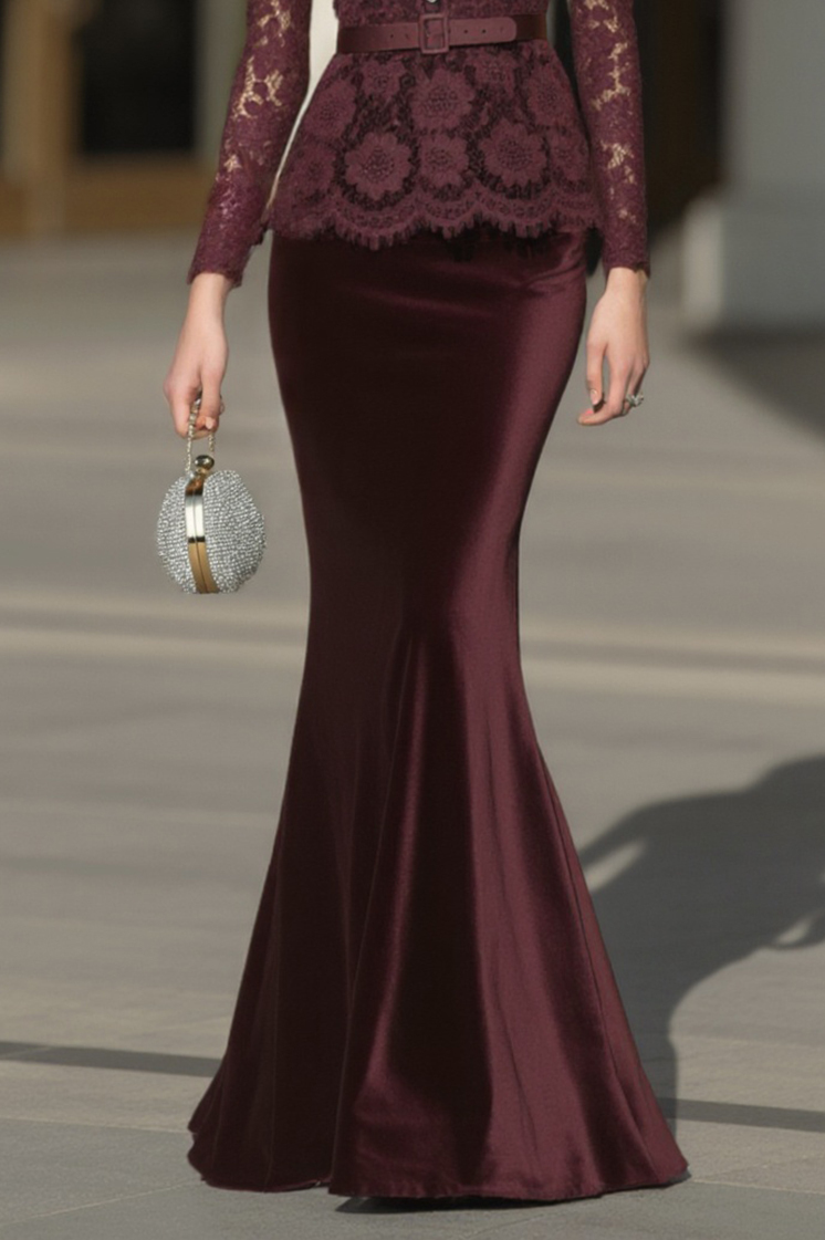 Evening Set Purple Lace Long Sleeve Top with Velvet Mermaid Maxi Skirt