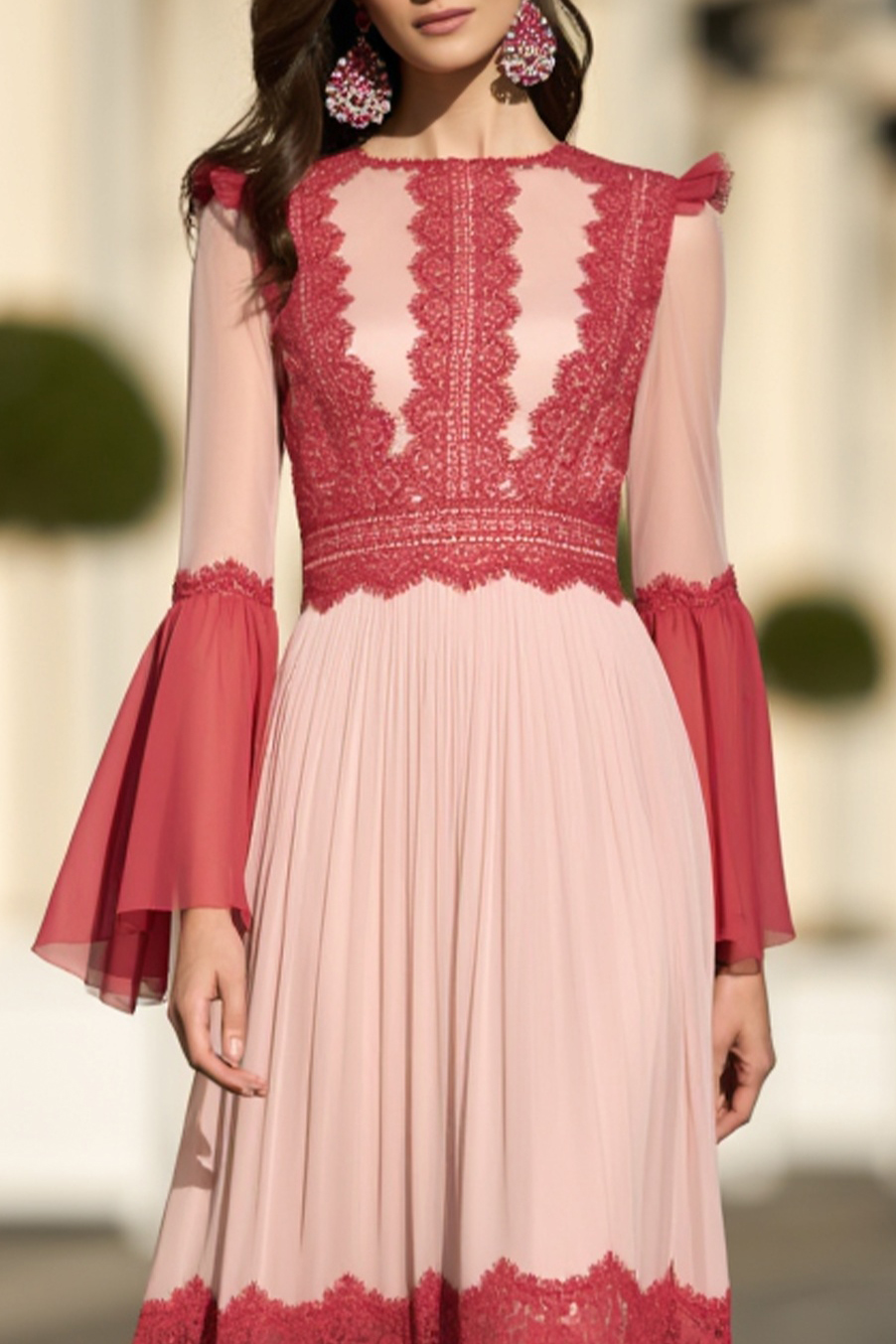 Holiday Pink Dress Lace Chiffon Crew Neck Bell Long Sleeve Maxi Dress