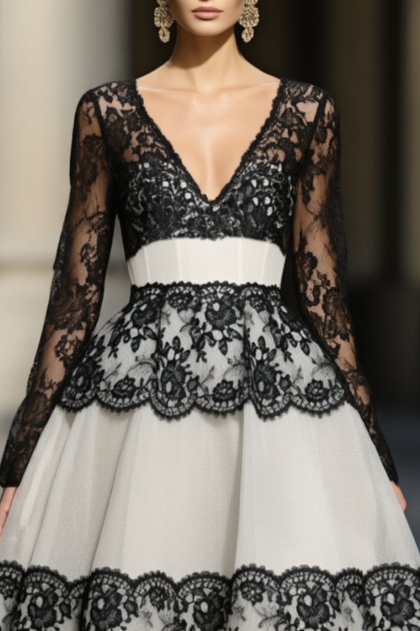 Party Prom Dress Black White Lace Deep V Long Sleeve A-Line Midi Dress