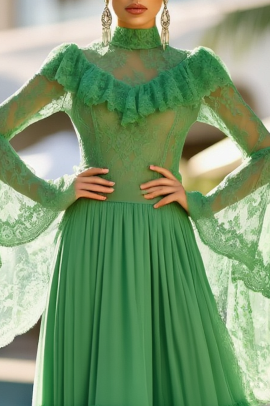 Holiday Dress Green Lace Chiffon Stand Collar Long Sleeve Maxi Dress 