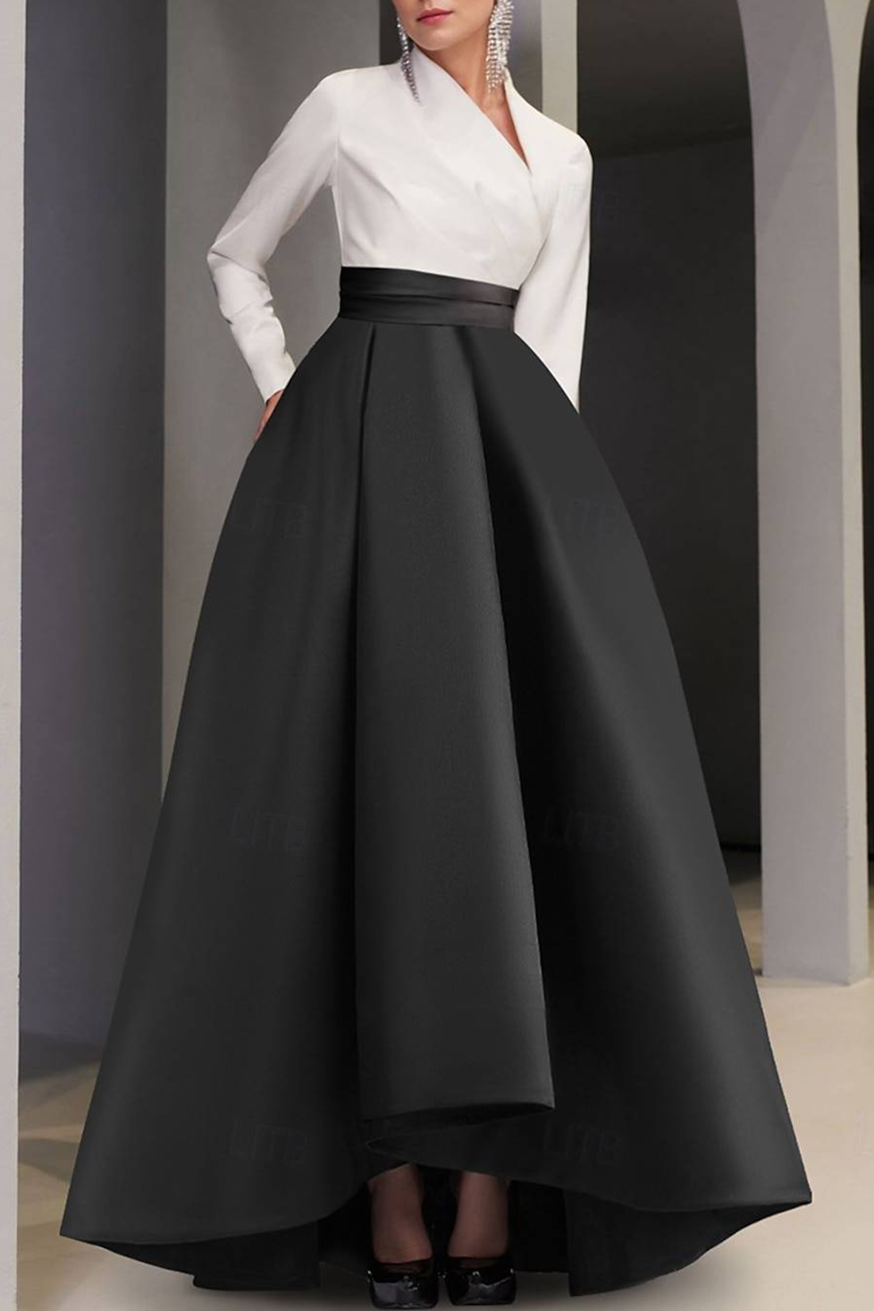 Formal Dress Black White Long Sleeve Asymmetrical Neck A-Line Gown