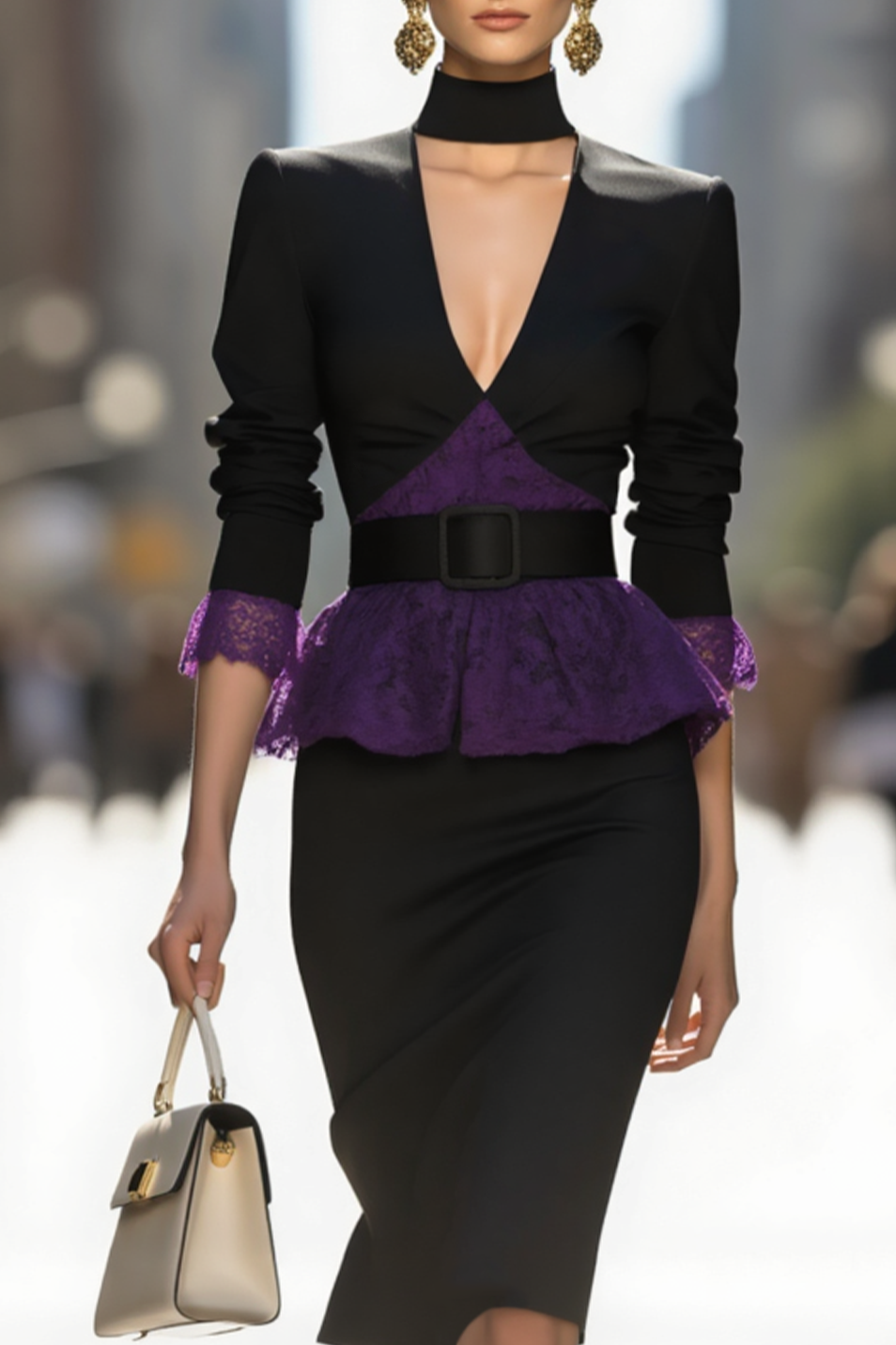 Work Semi-Formal Set Black Deep V with Purple Lace Top Midi Skirt