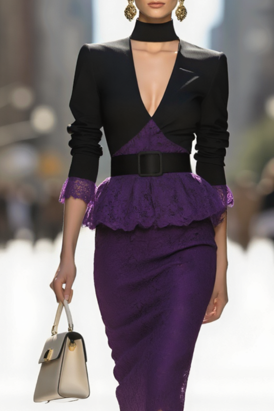 Work Semi-Formal Set Black Deep V Top with Purple Lace Midi Skirt