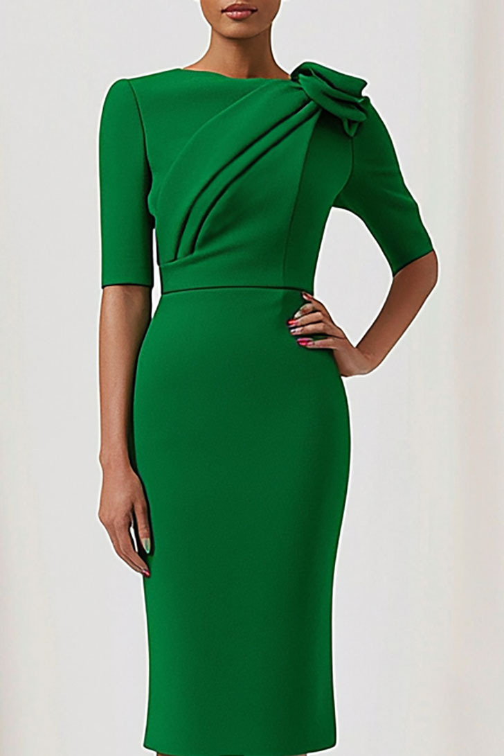 Daily Semi-Formal Dress Chest Pleated Three-Dimensional Flower Midi Dress