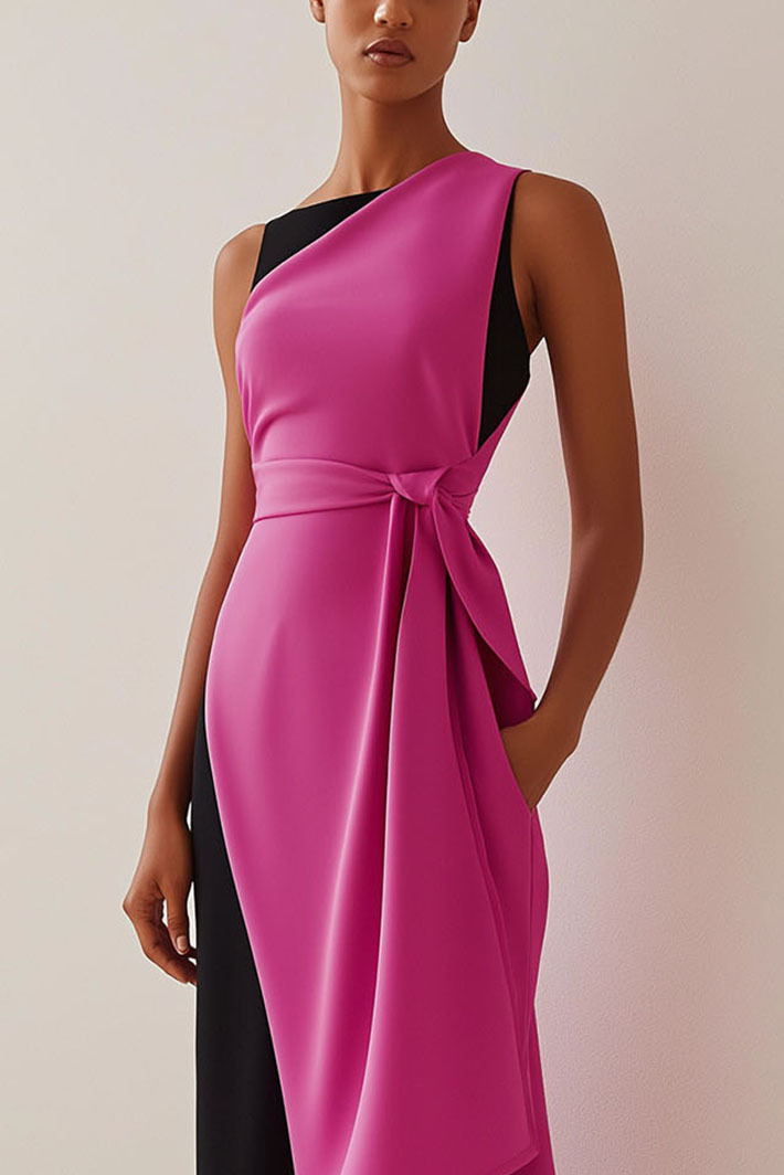 Daily Color-Block Dress Sleeveless Asymmetrical Dress Side Drape Midi Dress