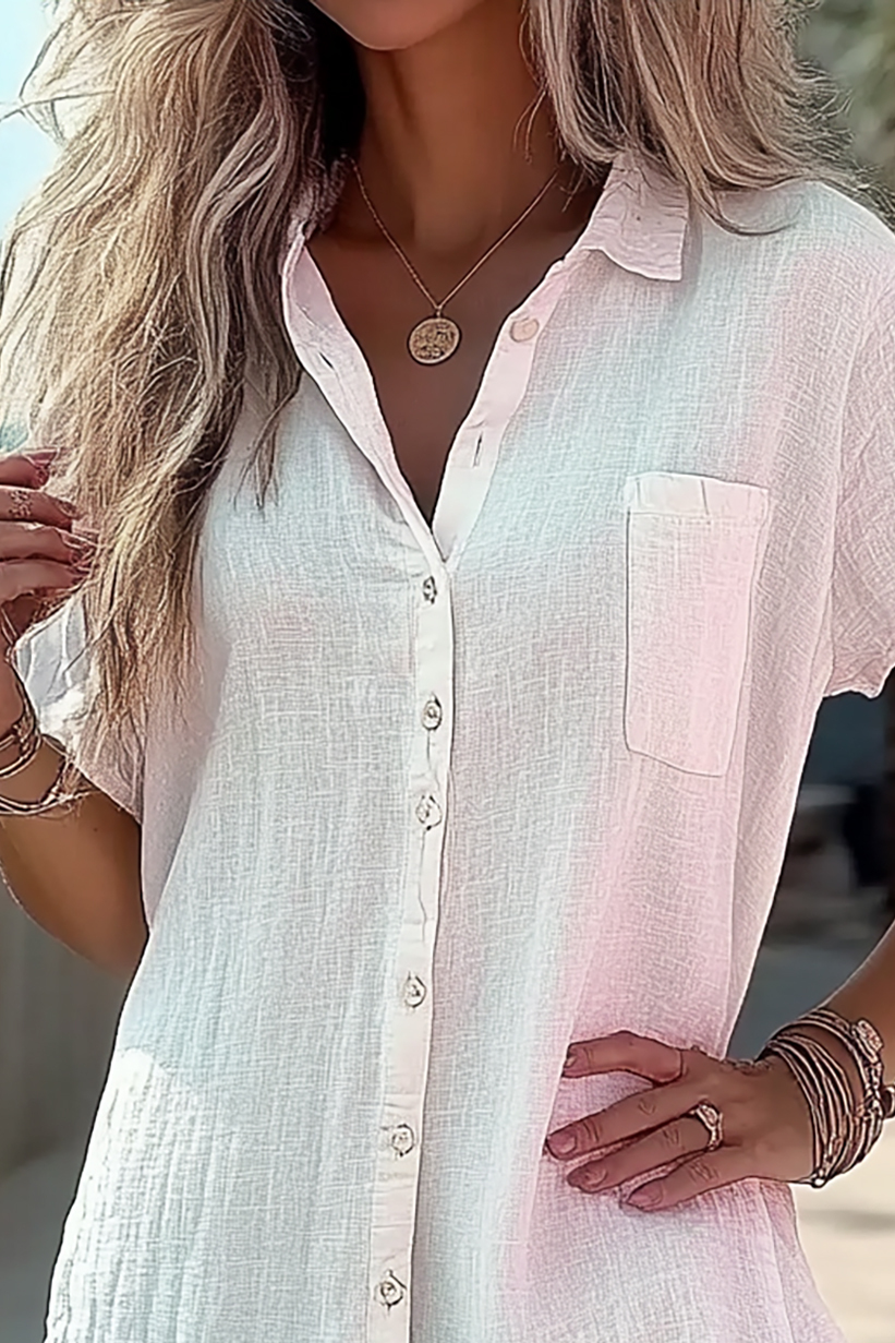 Casual Daily Top White Linen Collared Button-Up with Pockets Shirt