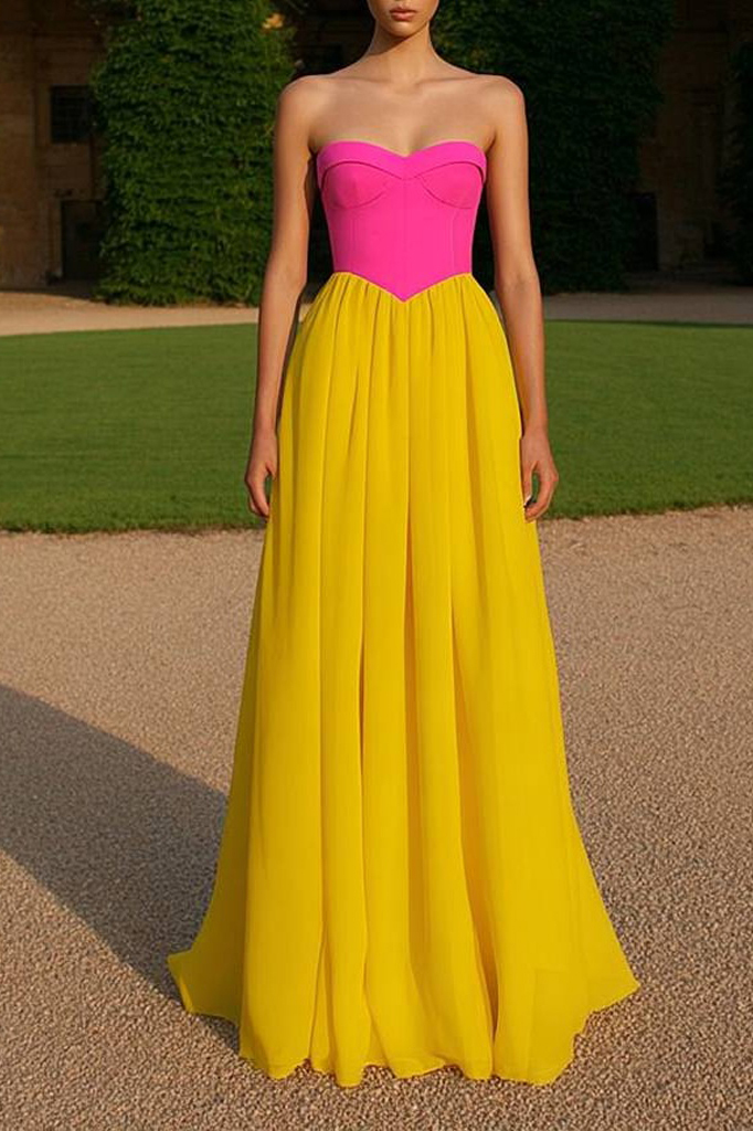 Formal ​Evening Dress Neon Pink Strapless Colorblock Maxi Dress