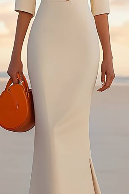 Work Semi-Formal Beige Dress Lapel Long Sleeves Long Dress With Slit