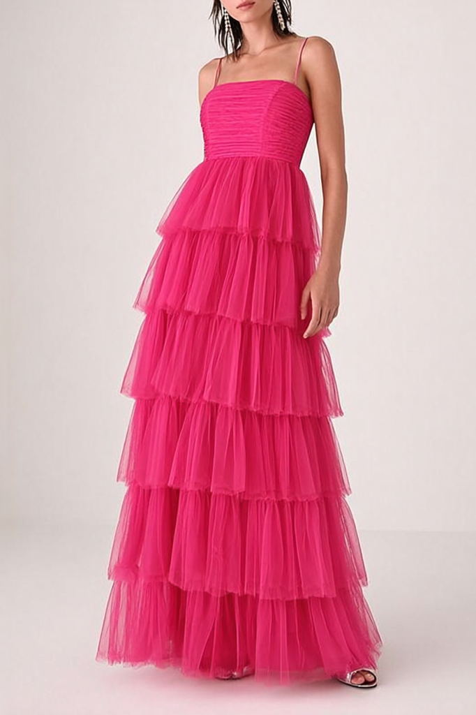 Formal Dress Rose Spaghetti Strap Tiered Maxi Dress