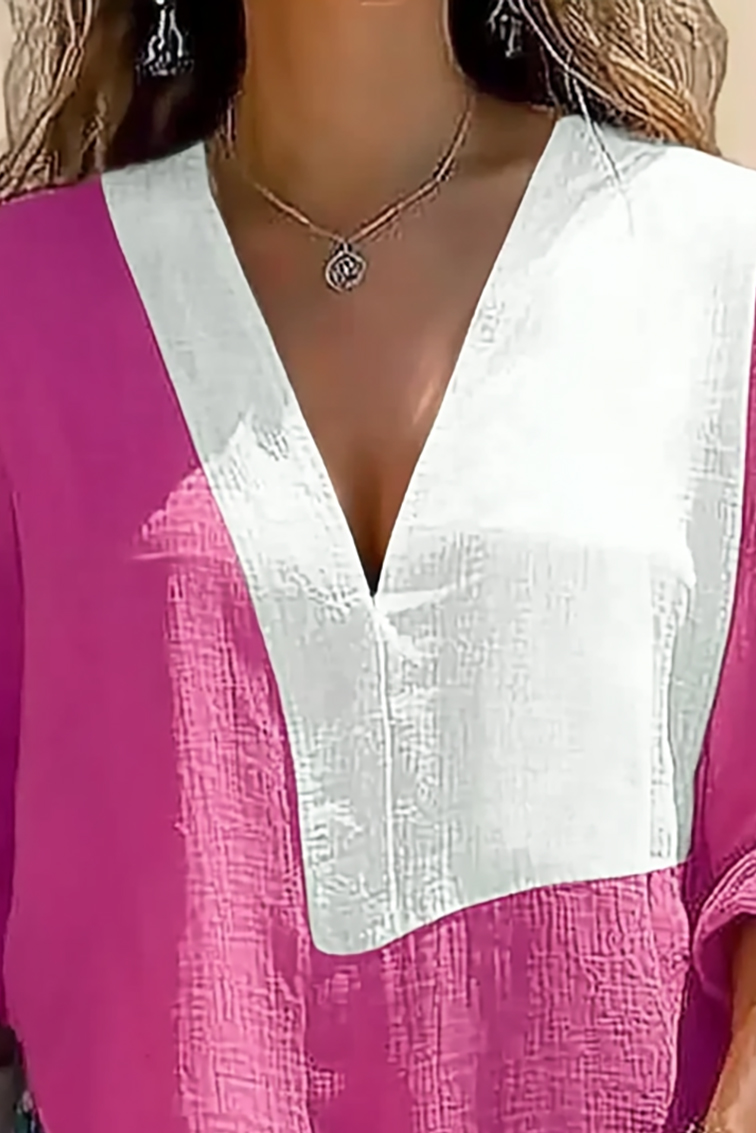 Casual Daily Top Pink White Colorblock Deep V Loose Long Sleeve Shirt