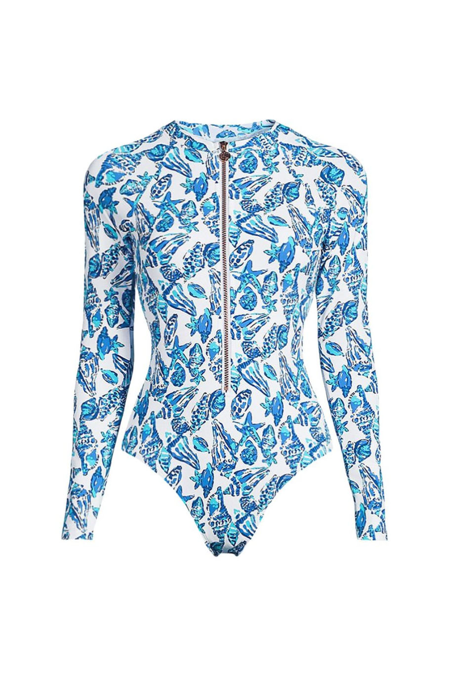Long Sleeved Zip Up Green Printed Surf Suit One-Piece Swimsuit and Cover-Up
