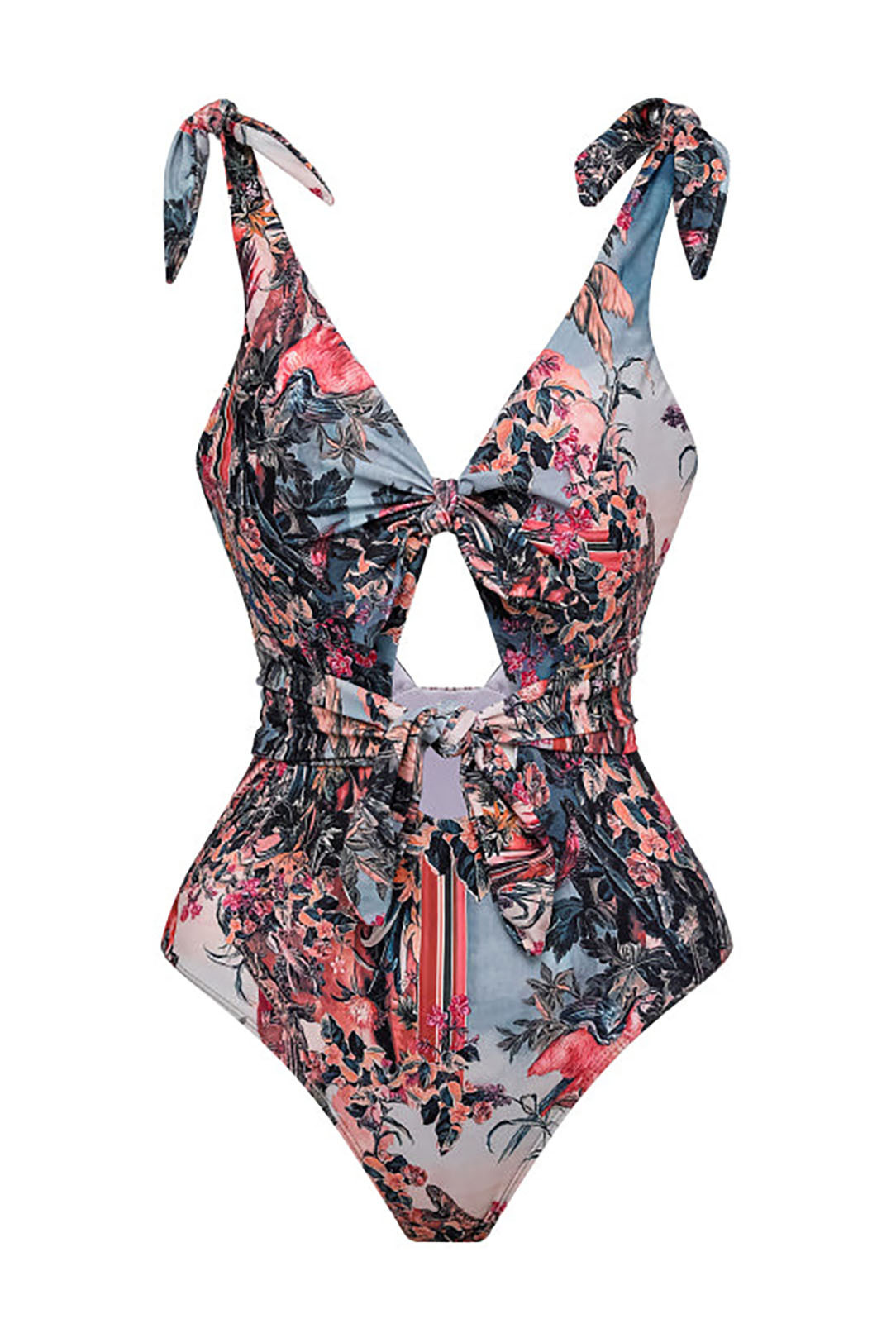 Tie-Up Hollow Vintage Print One-Piece Swimsuit and Trousers