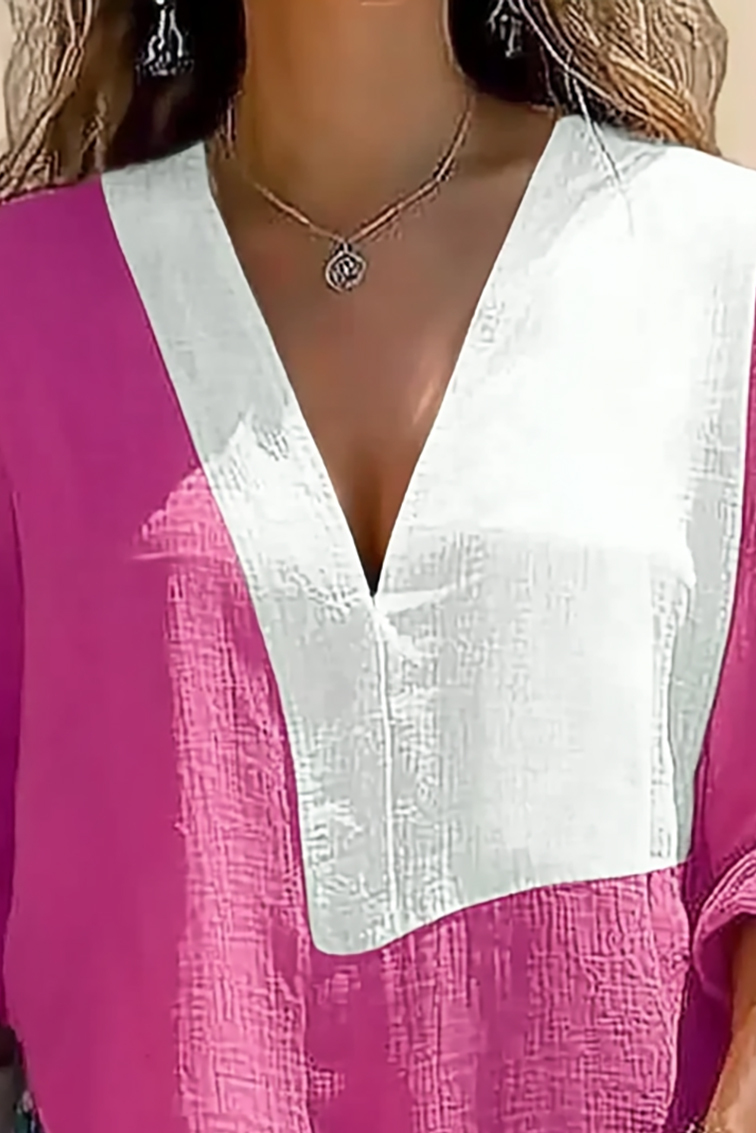 Casual Daily Top Pink White Colorblock Deep V Loose Long Sleeve Shirt