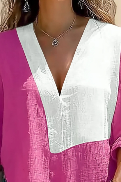 Casual Daily Top Pink White Colorblock Deep V Loose Long Sleeve Shirt
