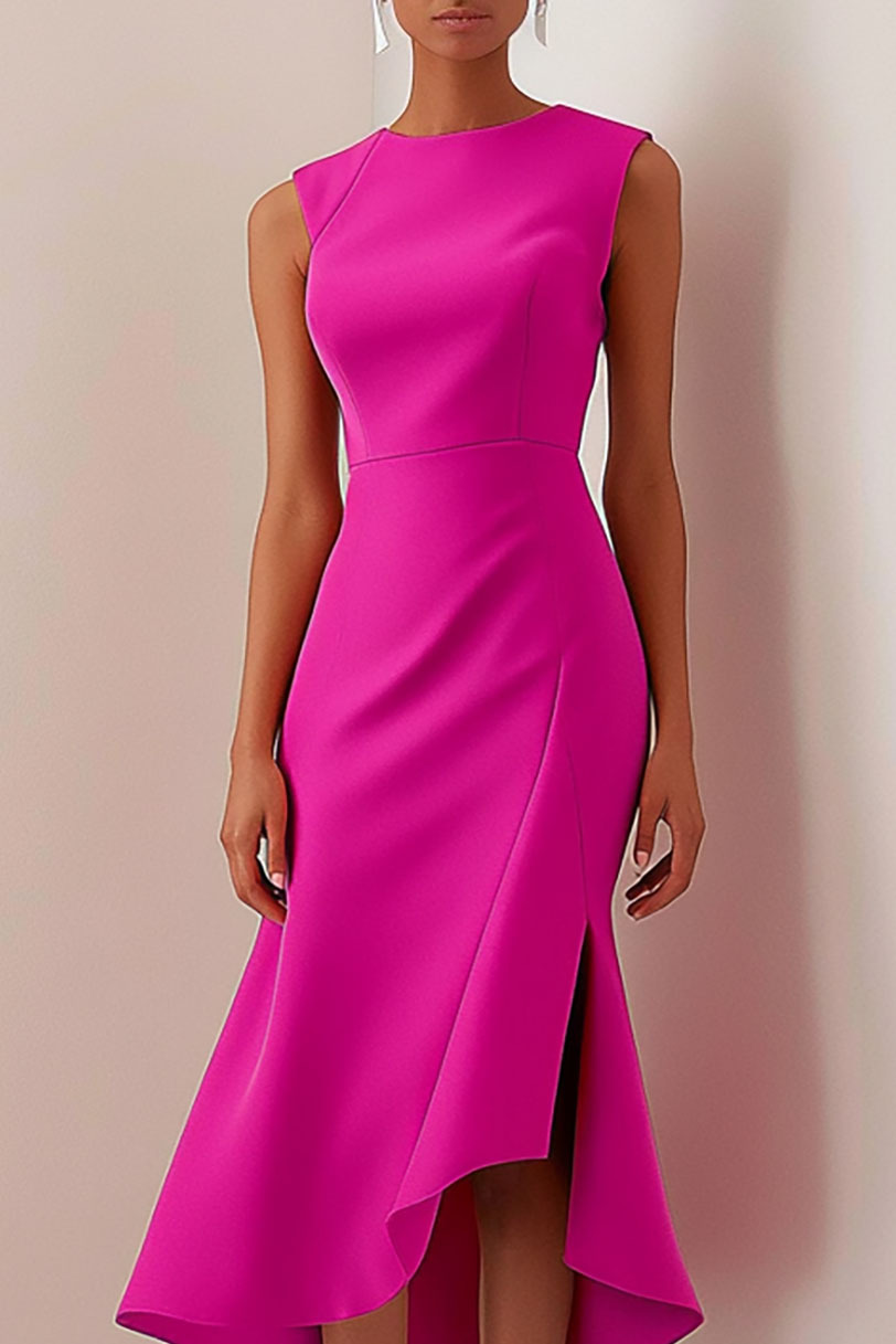 Daily Party Dress Rose Red Round Neck Slit Sleeveless Midi Dress